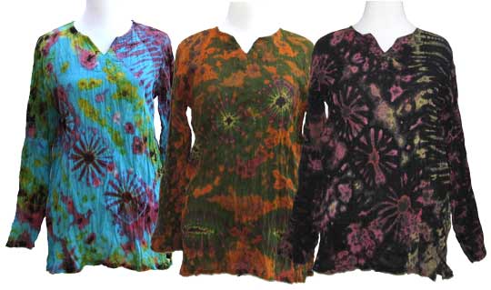 woman with subdued mudmee tie dye henley shirt